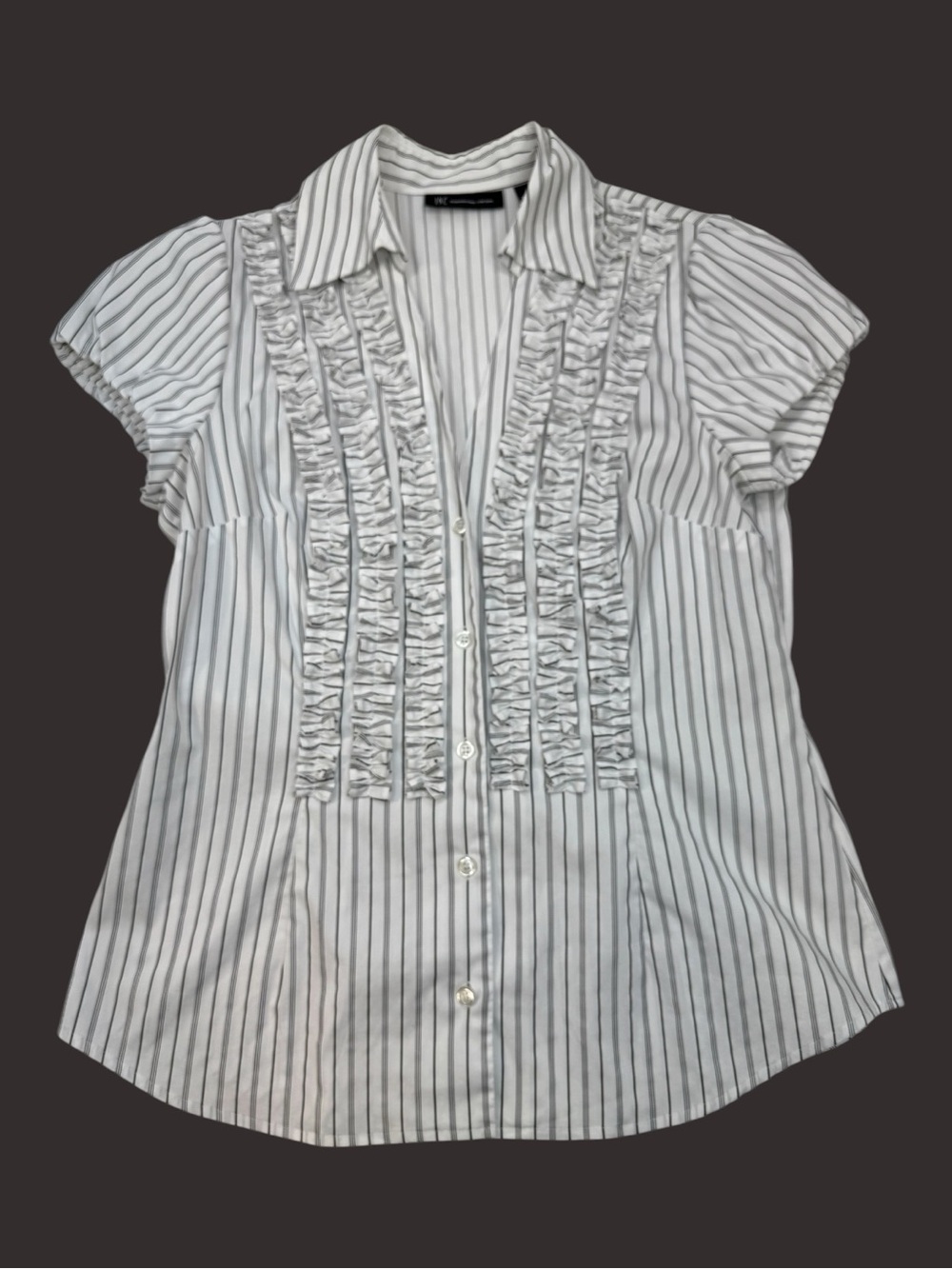 Women's V-Neck Short Sleeve Blouse White Black Pinstripe Ruffle Button Down, 12